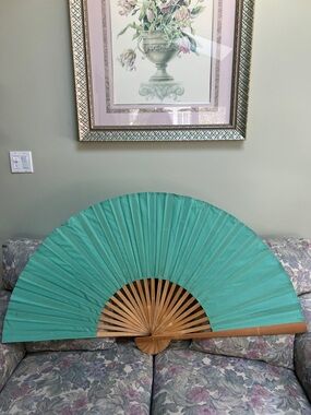 Large Teal Decorative Display Fan with Wooden Frame 50”x28 1/2” Vintage